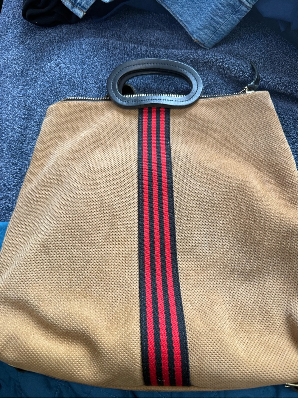 Clare V Tan Canvas Tote with Black & Red Stripe